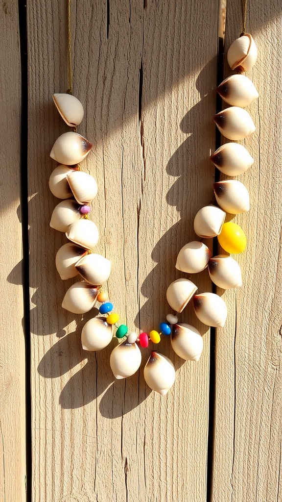 A handmade necklace made from clam shells and beads, displayed on a wooden surface.